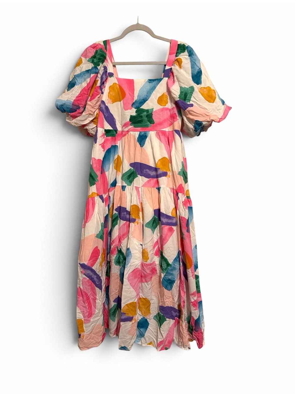 Entro Abstract Watercolor Brushstroke Puff Sleeve Tiered Midi Dress L